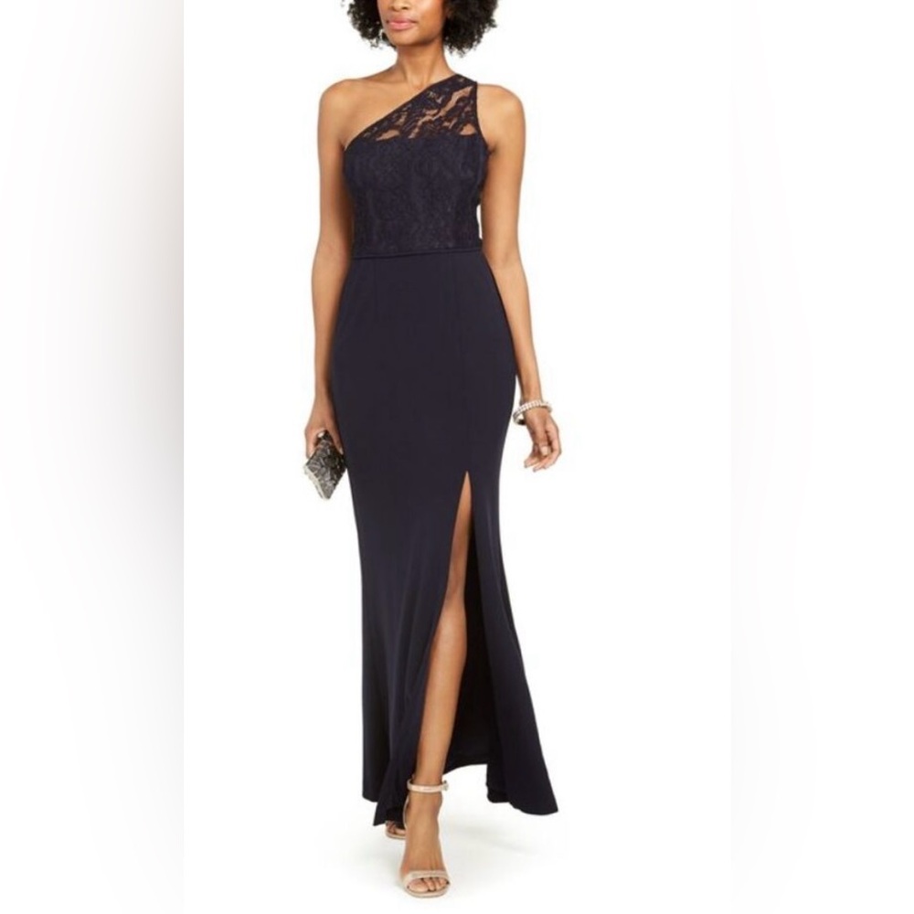 Adrianna Papell Navy One Shoulder Lace Detail Dress Size 4, NWT